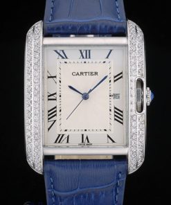 Alternative view of Cartier replica tank americaine acciaio brillantini bezel strip leather blu orologio imitazione perfetta